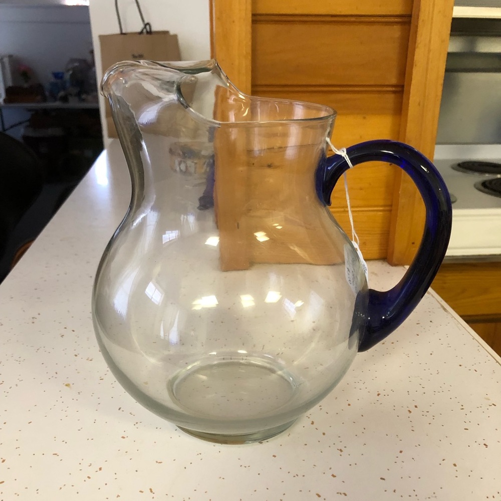 Clear Glass Pitcher with Cobalt Blue Handle